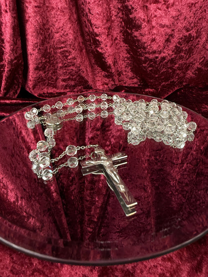 Vintage Jewelry - Italian Rosary - Sterling Silver - Clear Faceted Beads - 24”