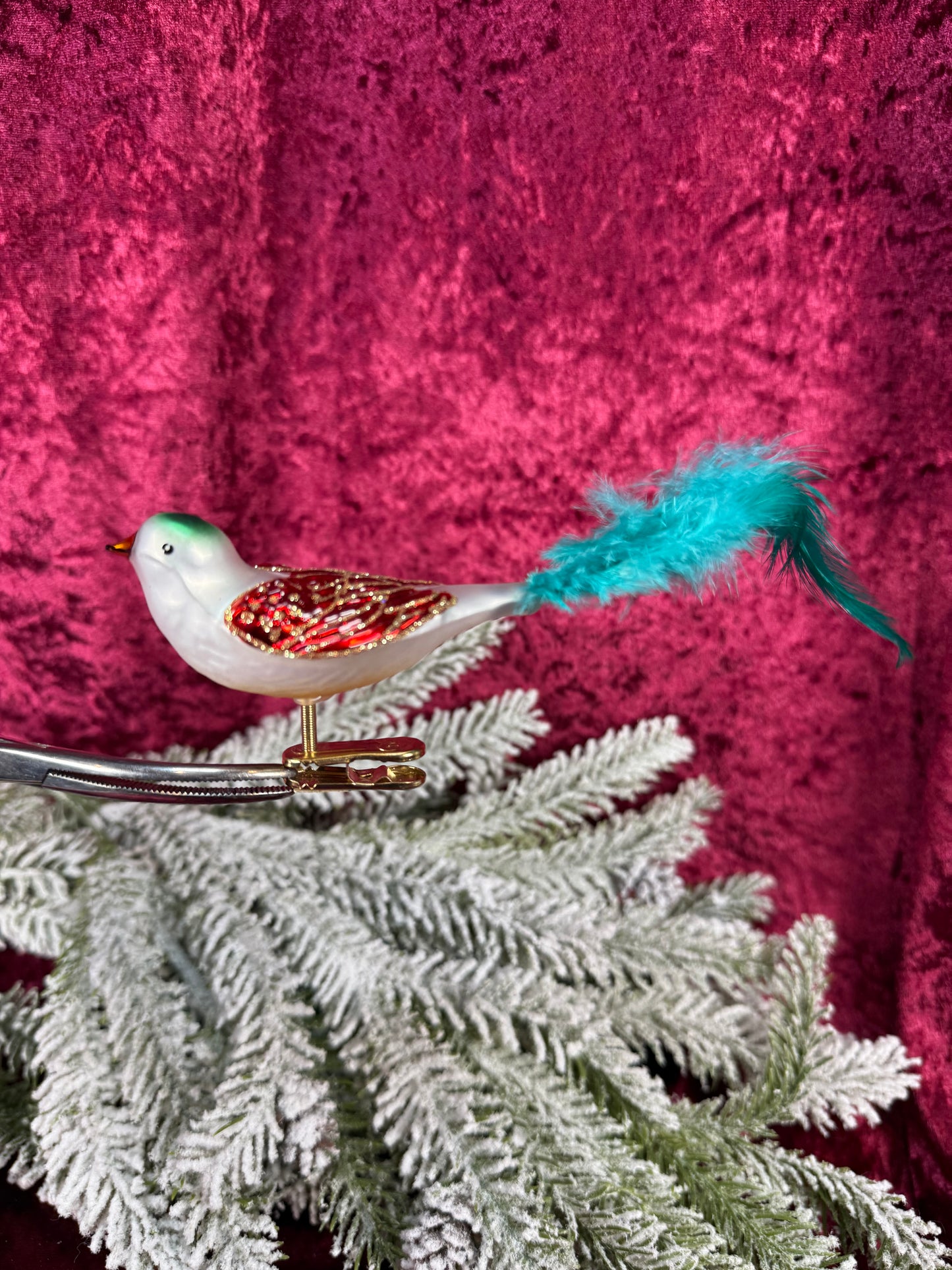 Vintage Christmas - Glass Clip-On Ornament - Sparrow Bird with Blue Feather Tail - QVC