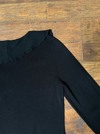 Vintage Cable & Gauge Knit Blouse - Black Ruffle Trim Wrap - Size Large