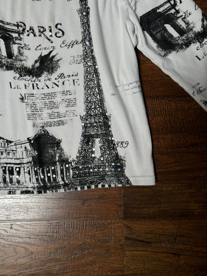 Vintage Take Two Cotton Graphic Top — Paris Eiffel Tower Sequin Print - Size Large