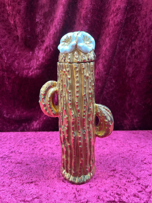 Vintage Home Decor - Lidded Ceramic Container - Gold Saguaro Cactus