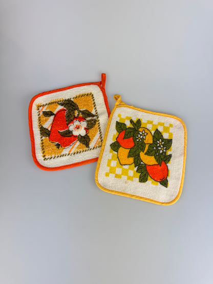 Vintage Groovy Kitchen Pot Holders - Orange and Yellow Fruit - Pair of 2