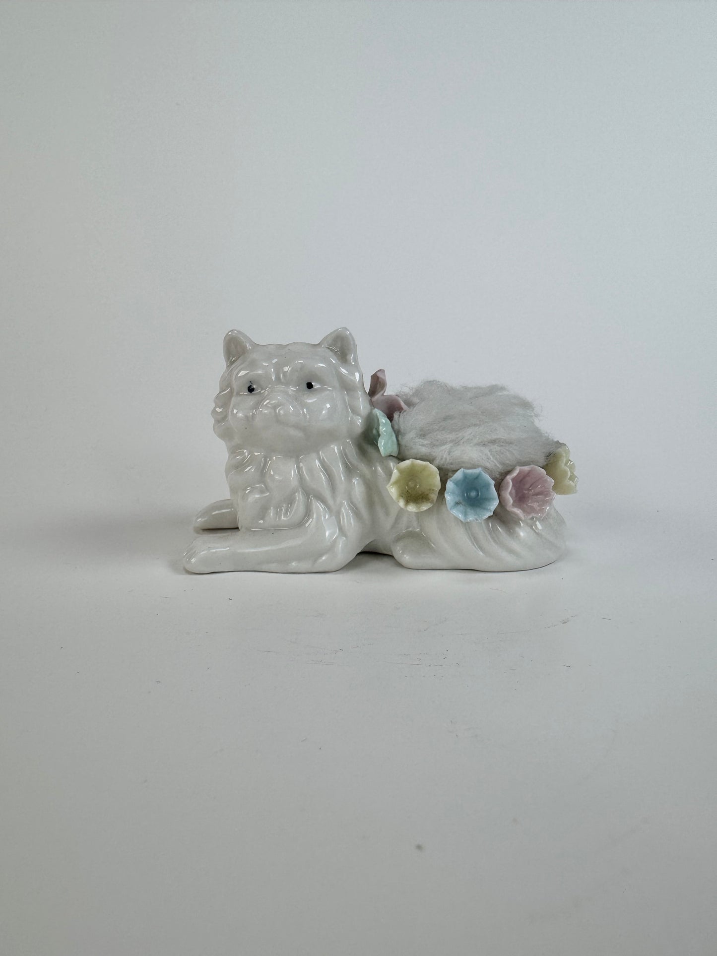 Vintage White Cat Porcelain Pin Cushion - Blue Yellow Pink Flowers