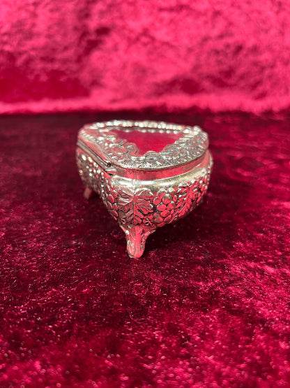Vintage Vanity - Heart Shaped Jewelry Box - Ornate Silver Grapevine Filigree - Red Velvet Lining - Footed