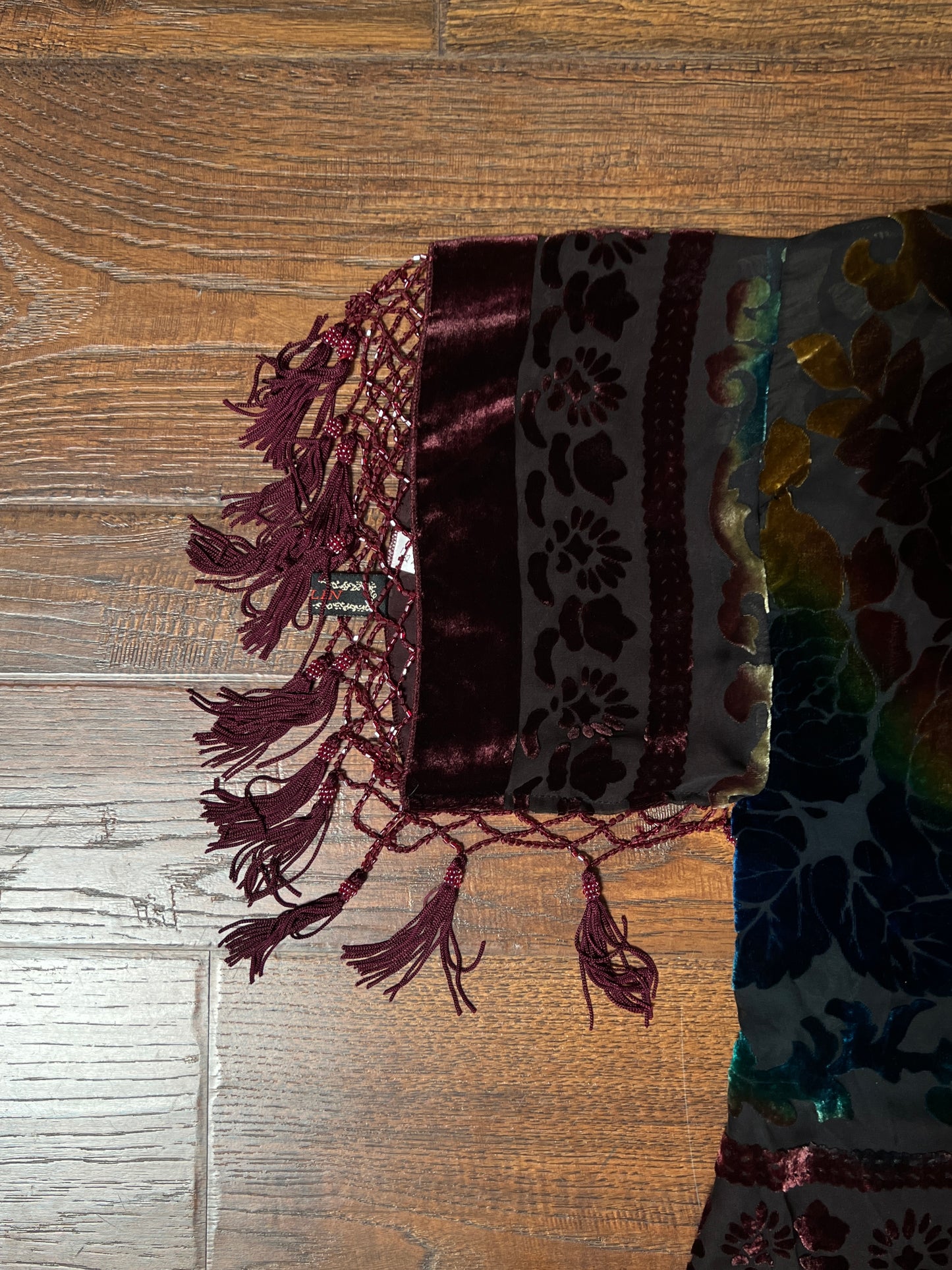 Vintage Velvet Burnout Shawl - Jewel Tone Floral Beaded Fringe Wrap - Size Small