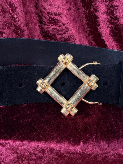 Vintage Accessories - Suede Leather Waist Belt - Black with Gold Belt Buckle - Small - Suede By Dame