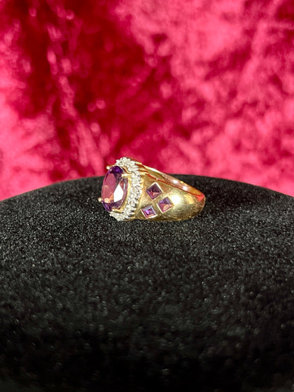 Vintage 14K Yellow Gold Ring – Faceted Amethyst in Cubic Zirconia Halo Setting - ESX - Size 7