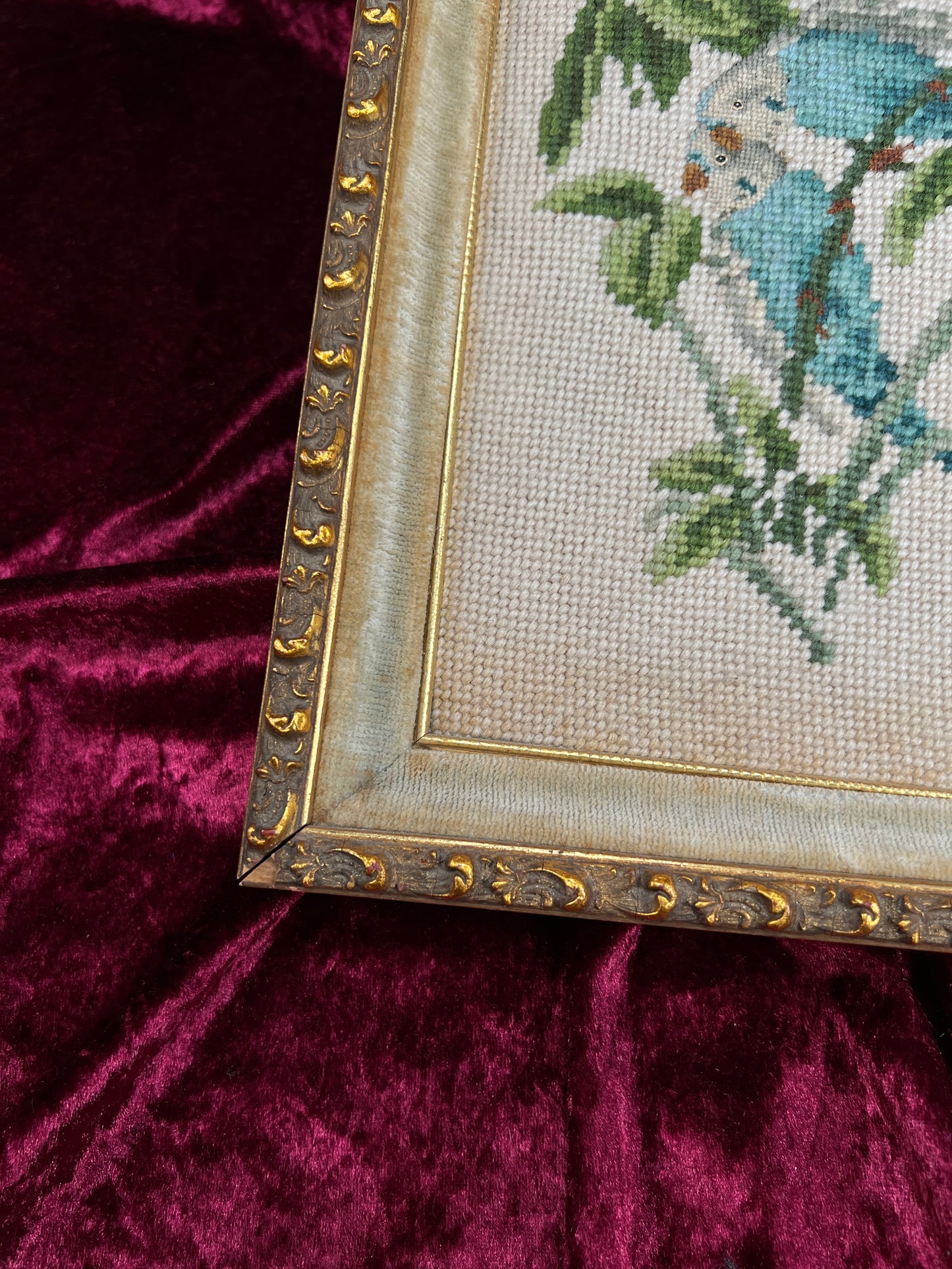 Vintage Framed Needlepoint Wall Art – Blue Parakeet Birds On A Branch