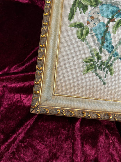 Vintage Framed Needlepoint Wall Art – Blue Parakeet Birds On A Branch