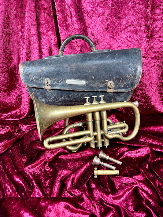 Vintage Brass Decor - Antique Brass Cornet Trumpet - 1862 - Sherman Clay & Co.