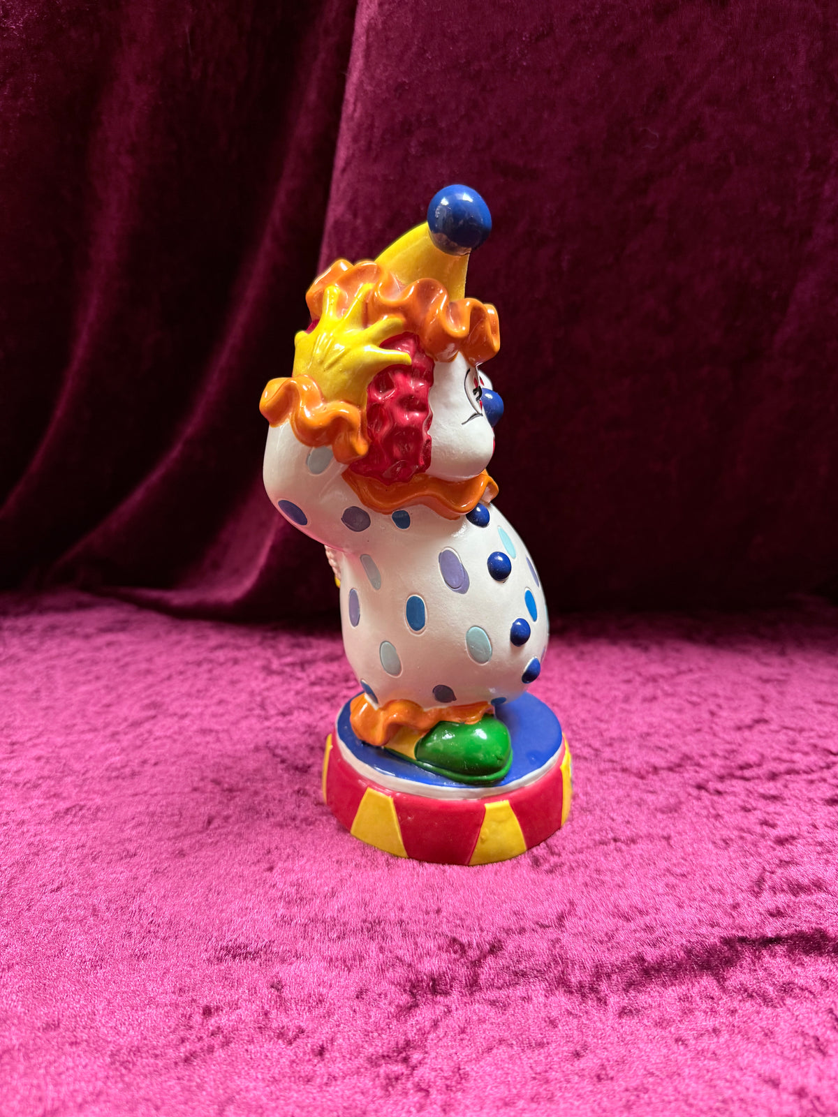 Vintage Vinyl Clown Piggy Bank – Polka Dot Costume + Circus Base