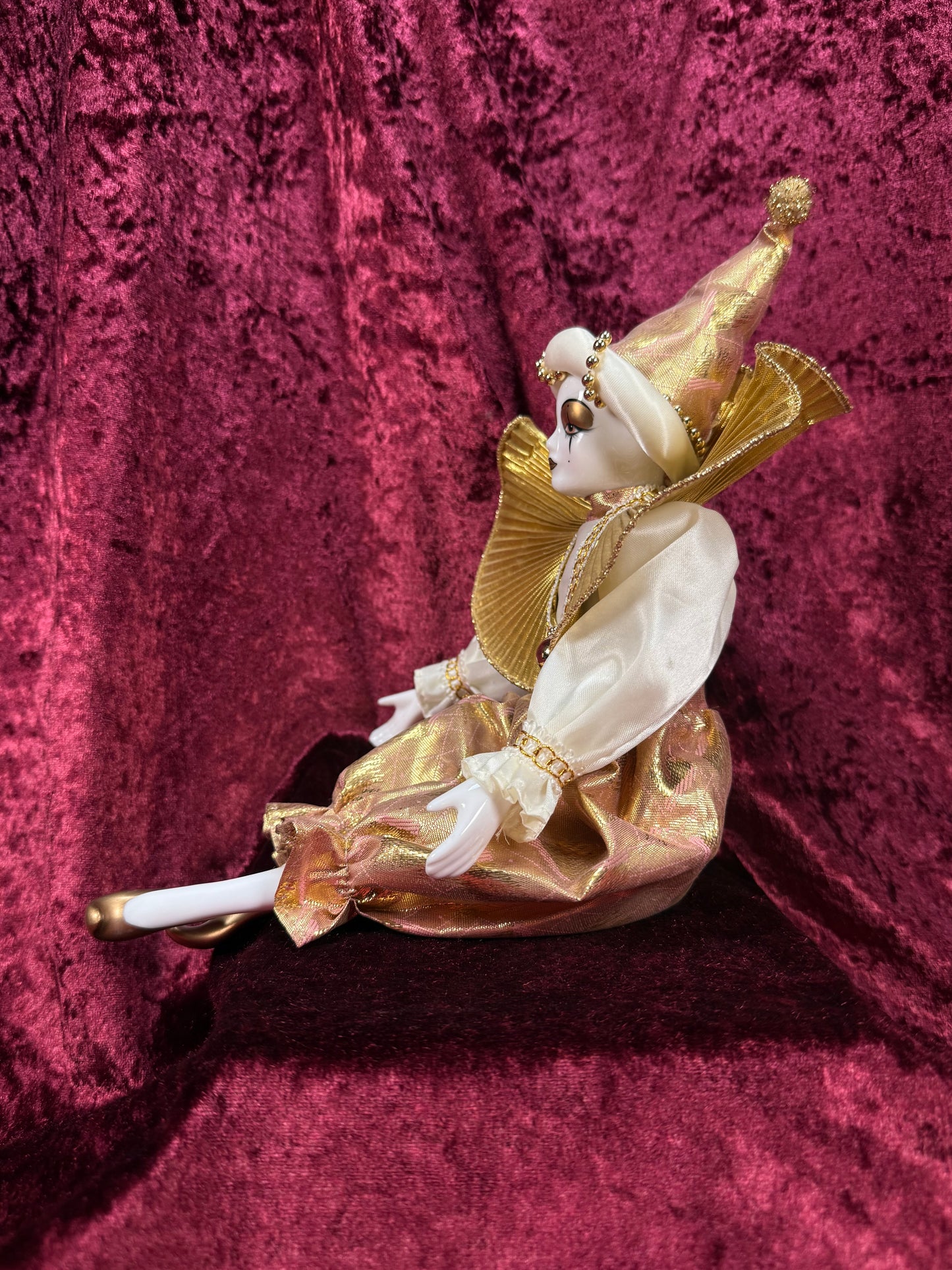Vintage Porcelain Harlequin Doll – Gold Ruffled Collar Pierrot Figure