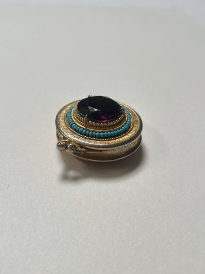 Vintage Trinket Box - Hinged Brass Pill Box - Round - Large Purple Faceted Stone - Turquoise Beads - Forenza