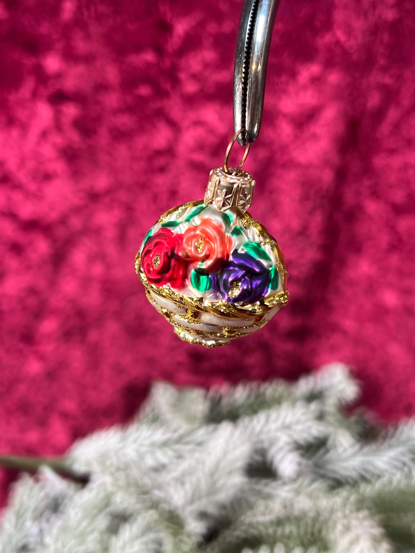 Vintage Christmas - Handblown Glass Ornament - Basket Of Flowers