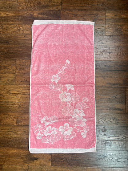 Vintage Linens - Terry Cloth Hand Towel Set - Vining Morning Glory Flowers - Baby Pink - 100% Cotton