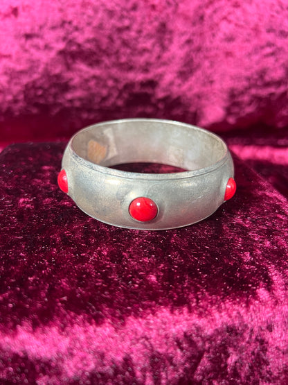 Vintage Jewelry - Puffy Cuff Bracelet - Silver Tone Metal - Red Cabochons
