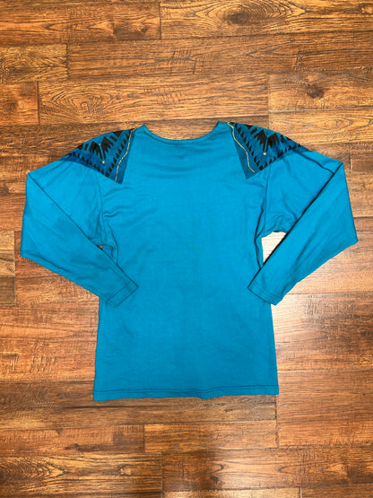 Vintage Clothing - Long Sleeve Shirt - Southwestern Print on Blue - Medium - Silver Cloud
