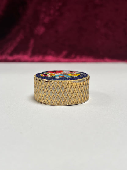 Vintage Trinket Box - Round Pill / Snuff Box - Italian Micro Mosaic - Dark Blue Floral - Basket Weave Design