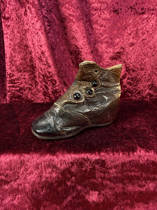 Antique Brown Leather Baby Boot – Victorian Button Up High Top Shoe
