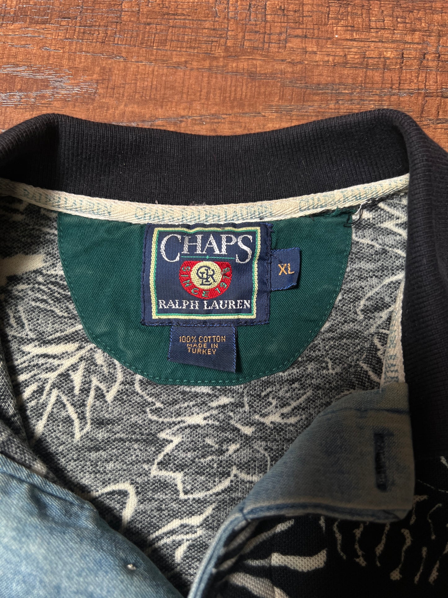 Vintage 1990s Chaps Ralph Lauren Cotton Polo Shirt – Black Tropical Print – X-Large