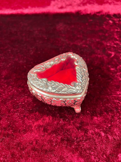 Vintage Vanity - Heart Shaped Jewelry Box - Ornate Silver Grapevine Filigree - Red Velvet Lining - Footed