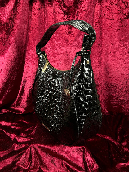 Vintage Brahmin Black Melbourne Leather Hobo Bag - Croc Embossed Shoulder Purse