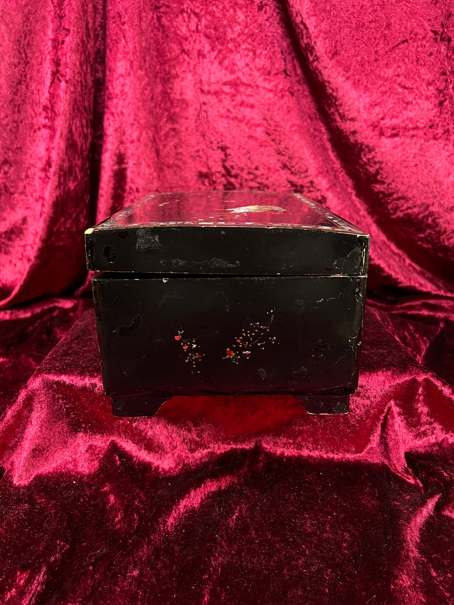 Vintage Black Lacquer Jewelry Box - Mother of Pearl Painted Peacock Vanity Chest