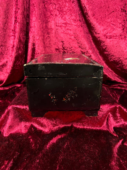 Vintage Black Lacquer Jewelry Box - Mother of Pearl Painted Peacock Vanity Chest