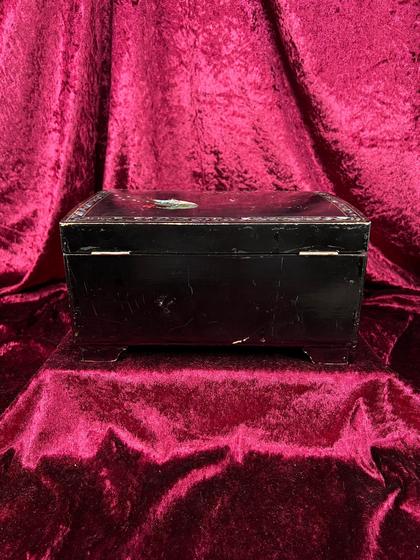Vintage Black Lacquer Jewelry Box - Mother of Pearl Painted Peacock Vanity Chest
