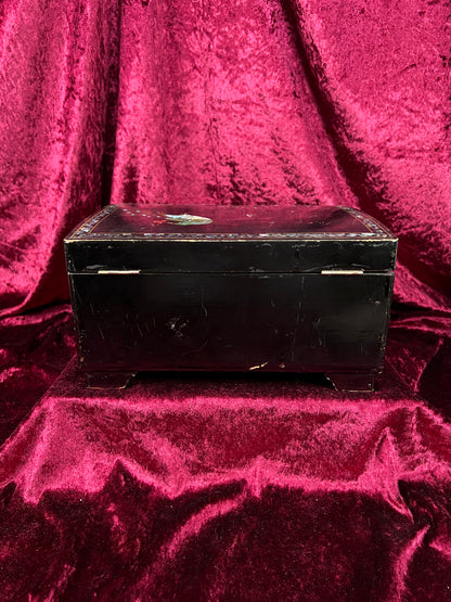 Vintage Black Lacquer Jewelry Box - Mother of Pearl Painted Peacock Vanity Chest