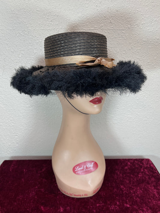 Vintage Accessories - Straw Sun Hat - Black with Faux Ostrich Feather Brim - Medium