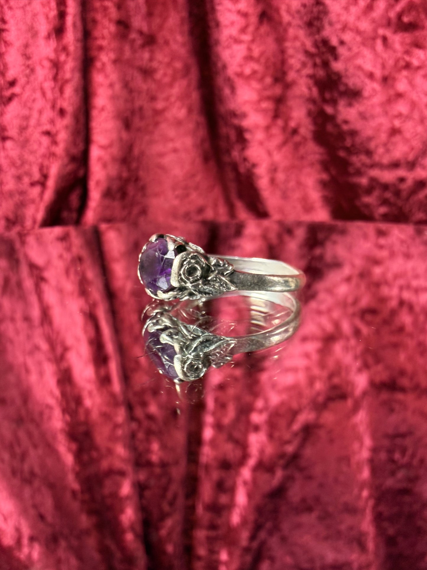 Vintage Jewelry - Amethyst Sterling Silver Ring with Roses and Leaves- Size 8