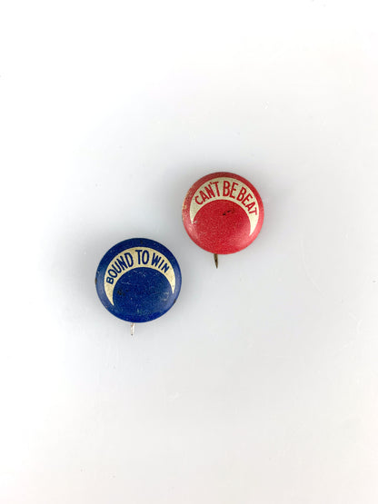 Antique World War 1 Patriotic Pinback Buttons - Bound To Win / Can't Be Beat - Set of 2