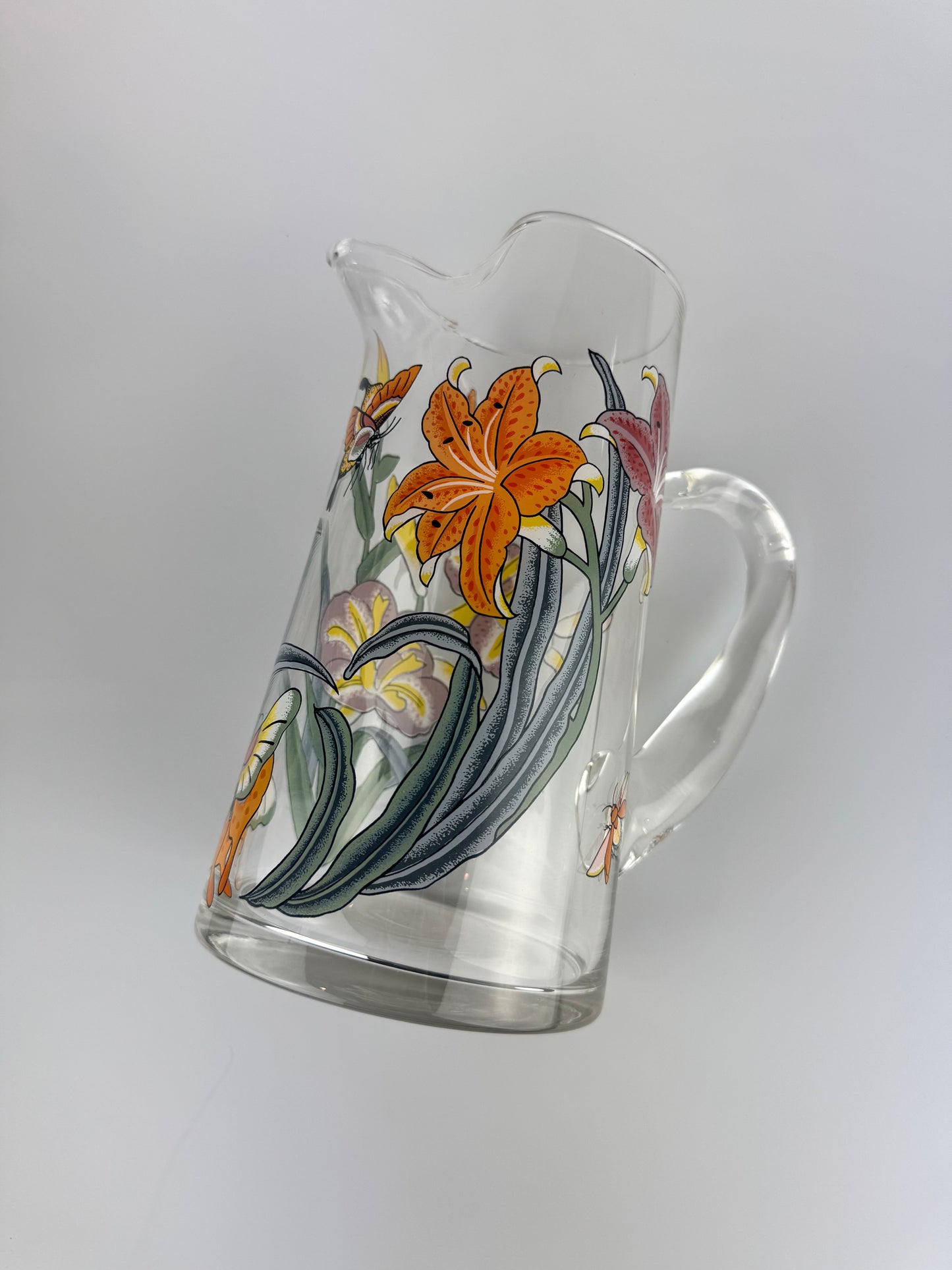 Vintage Clear Juice Pitcher with Lillies and Butterflies - 9" Tall Carafe