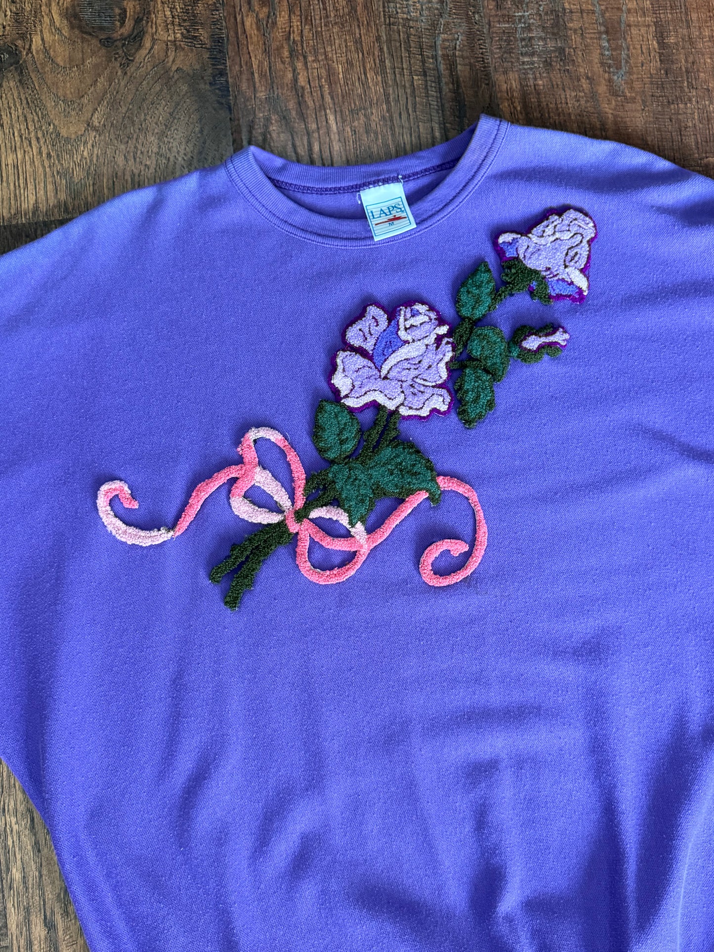 Vintage Sweatshirt LAPS Brand Lilac Crewneck w/ Floral Frilly Roses Applique - Medium