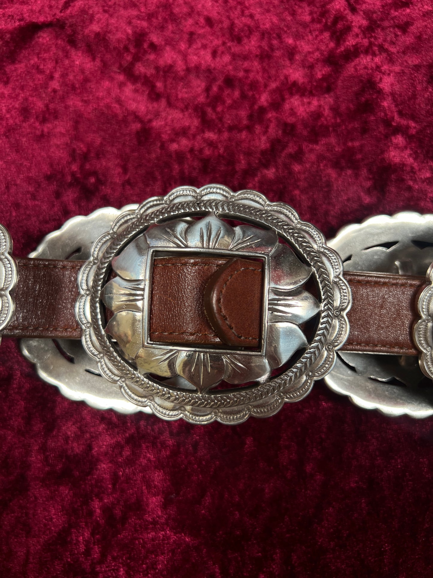 Vintage Brighton Leather Concho Belt - Silver Sunflower Western Belt USA Made - 29.5-33.5"