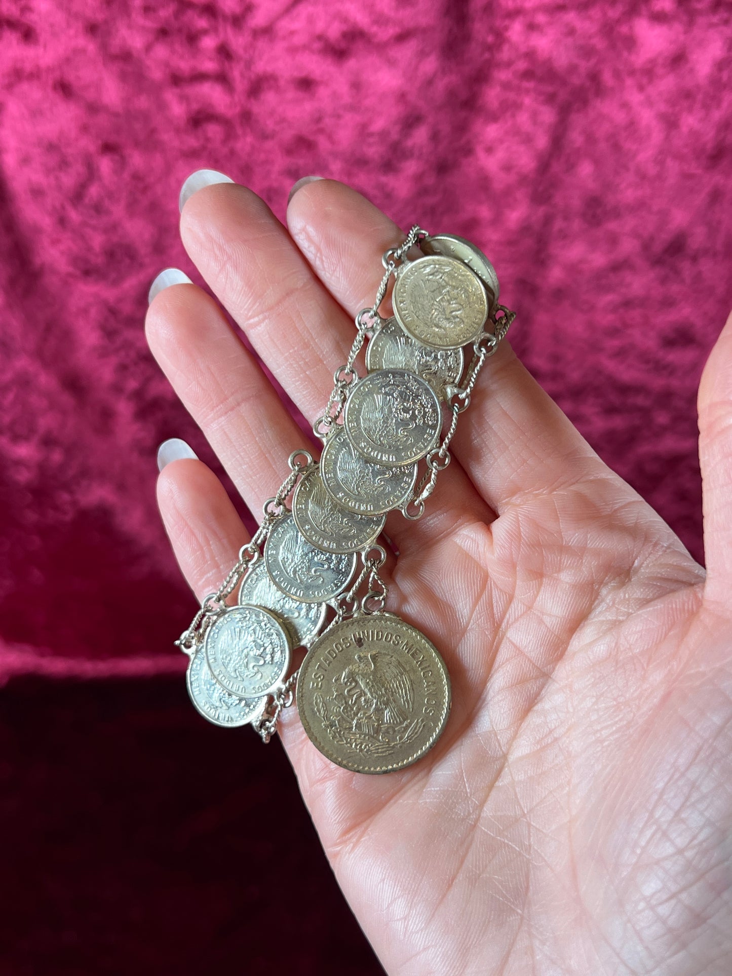 Vintage Jewelry - Coin Bracelet - Silver - Mexican Centavos - 7.75"