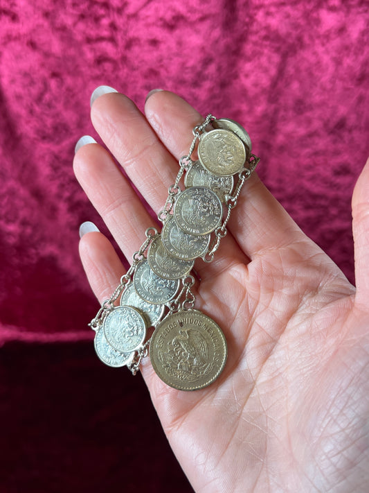 Vintage Jewelry - Coin Bracelet - Silver - Mexican Centavos - 7.75"