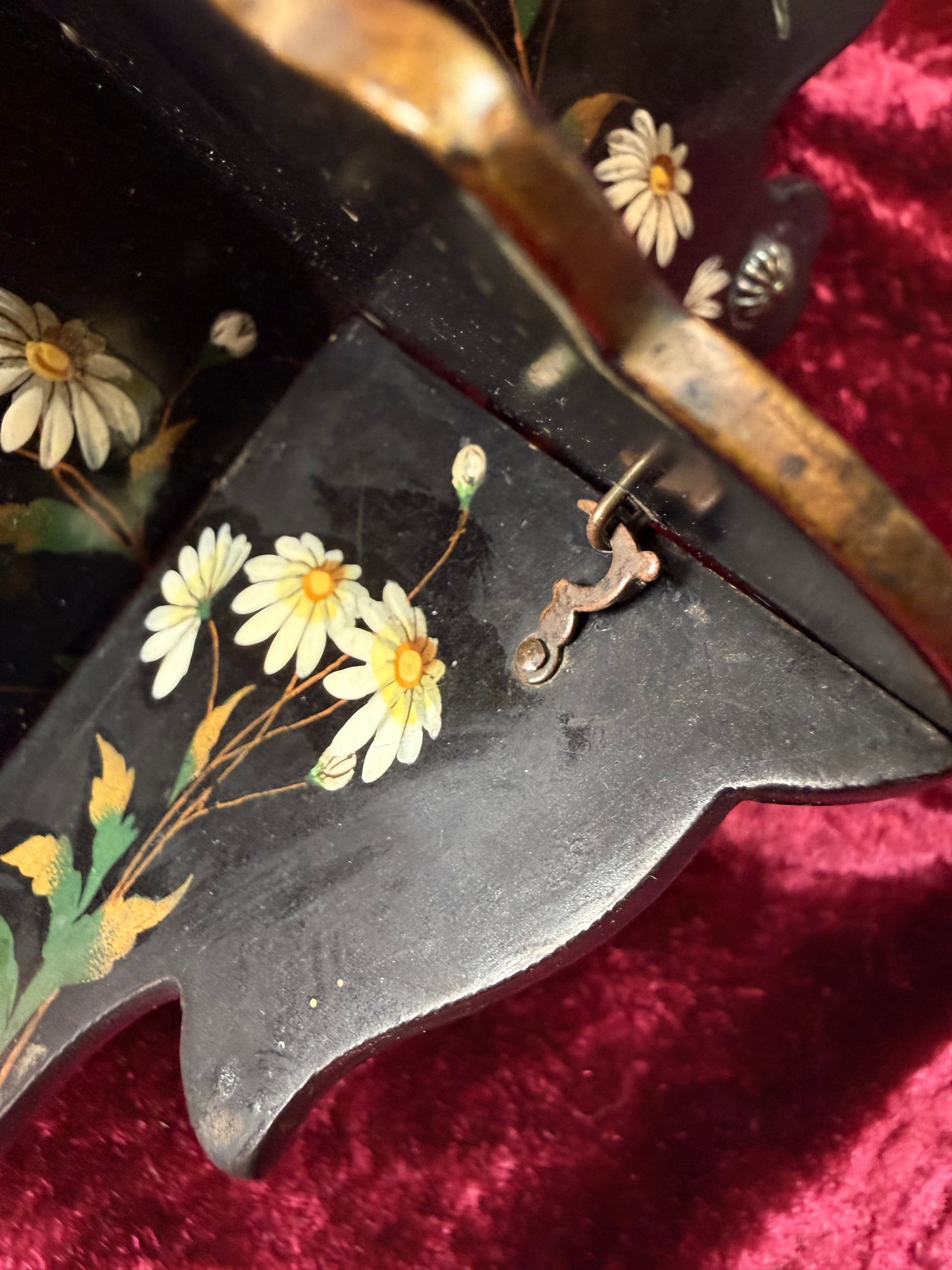 Antique Victorian Papier-Mache Collapsible Wall Shelf – Hand Painted Daisies and Dragonfly on Black Lacquer