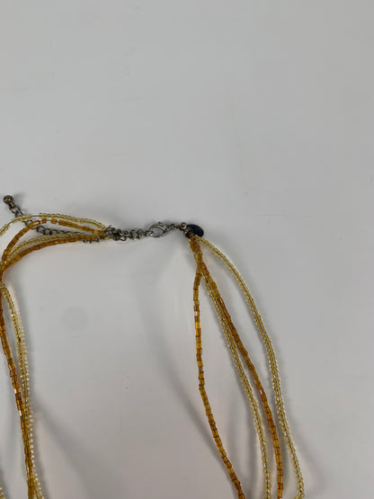 Vintage Jewelry - Five Strand Beaded Pendant Necklace - Faux Amber Rhinestone - Premier Design