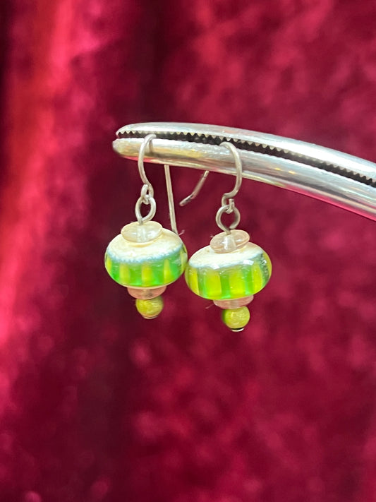 Vintage Jewelry - Drop Earrings - Lime Green Glass Art Beads