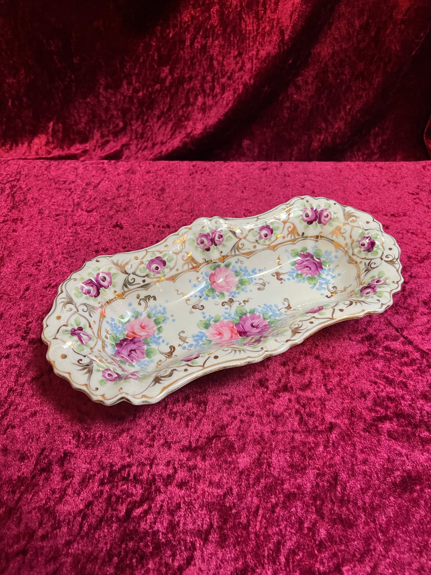 Vintage Trinket Dish - Hand Painted Porcelain - Pink and Purple English Roses - Noritake