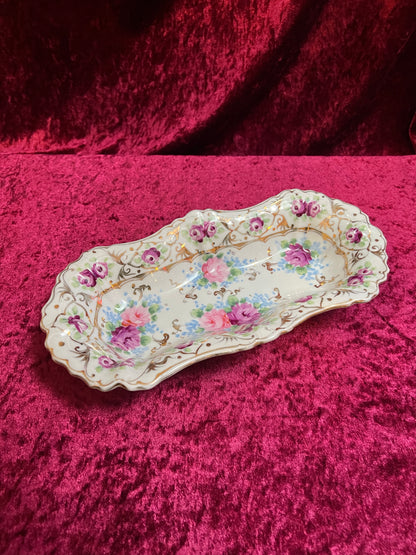 Vintage Trinket Dish - Hand Painted Porcelain - Pink and Purple English Roses - Noritake