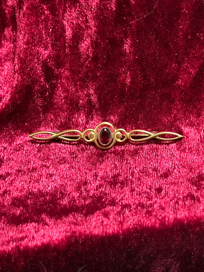 Vintage Jewelry - Brooch - 14KT Gold Filled - Curve Design - Red Faceted Gem