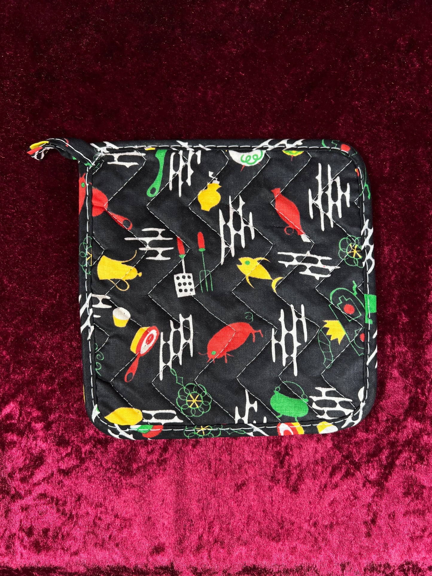 Vintage Cotton Pot Holder Set - Mid Century Barbecue Print in Black