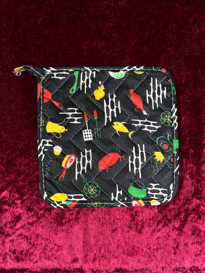 Vintage Cotton Pot Holder Set - Mid Century Barbecue Print in Black