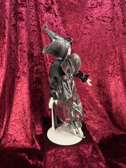 Vintage Silvestri Porcelain Pierrot Doll – Silver Metallic Black Harlequin Figure