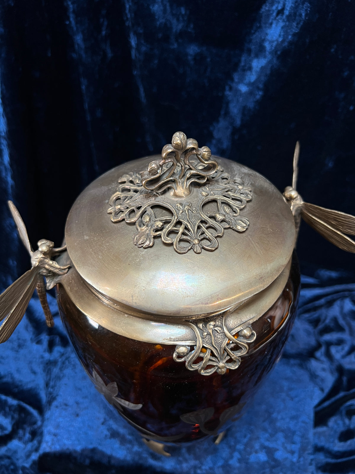 Vintage Art Nouveau Revival Opium Jar - Etched Poppies on Amber Glass - Castilian Poland