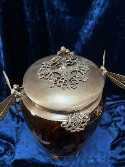 Vintage Art Nouveau Revival Opium Jar - Etched Poppies on Amber Glass - Castilian Poland