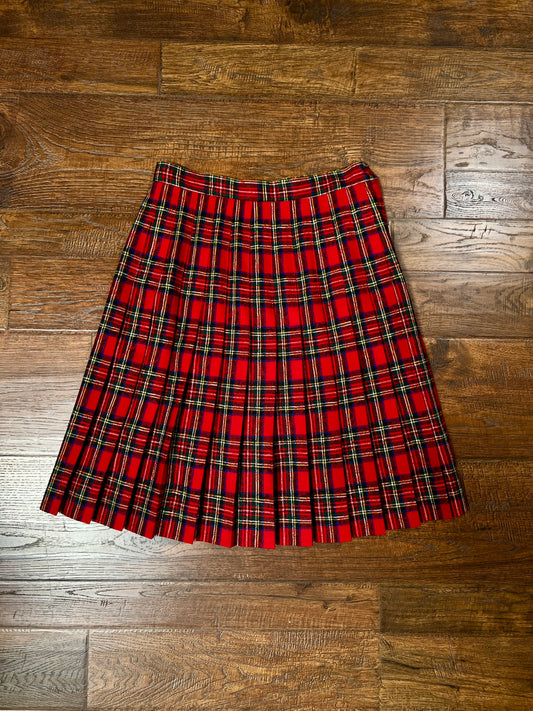 Vintage Talbots Worsted Wool Knee Length Skirt - Red Plaid Tartan Pleated - Size Medium